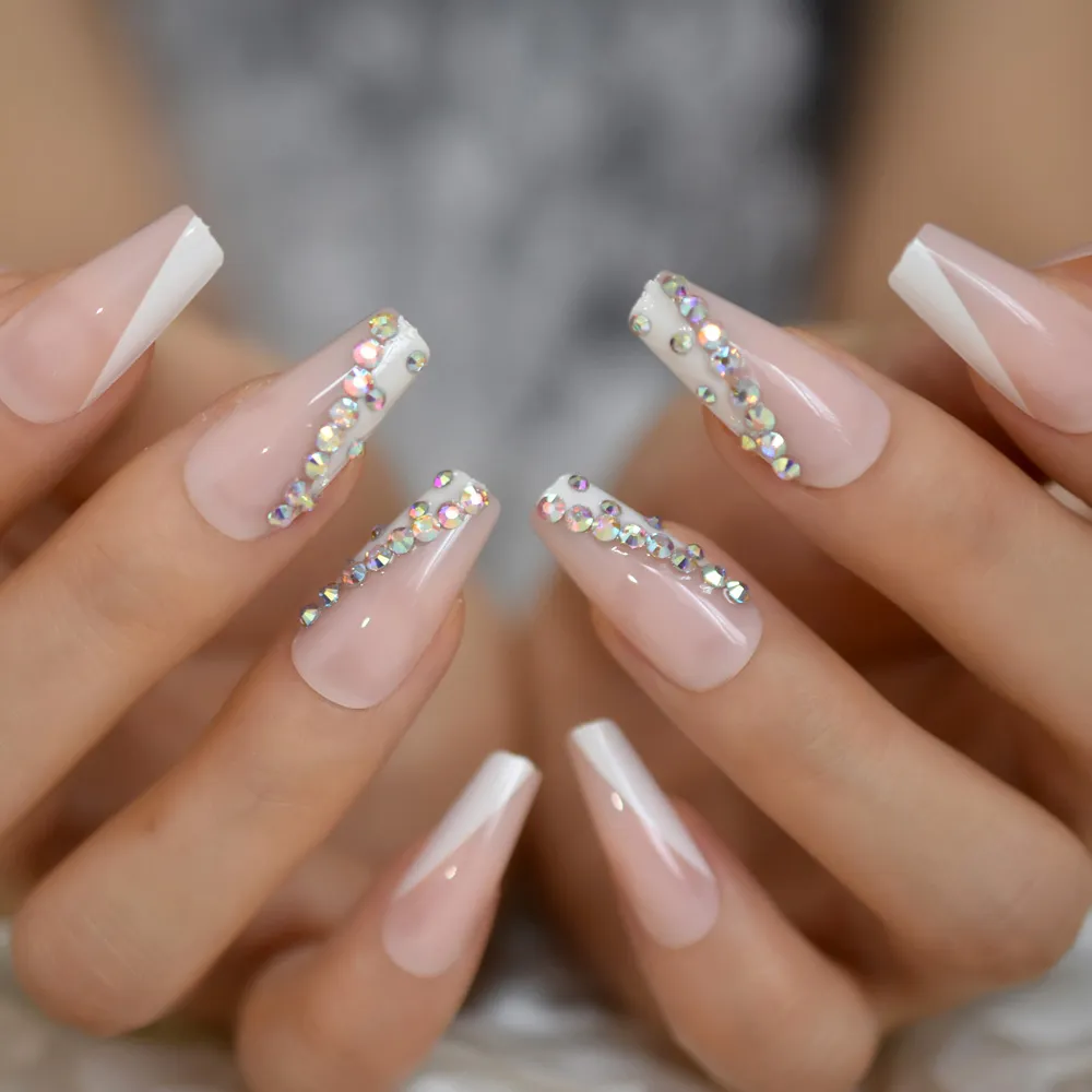 Uñas postizas decorativas trapezoidales de Cristal AB brillante, diamantes de imitación largos de bailarina, prensa en las uñas