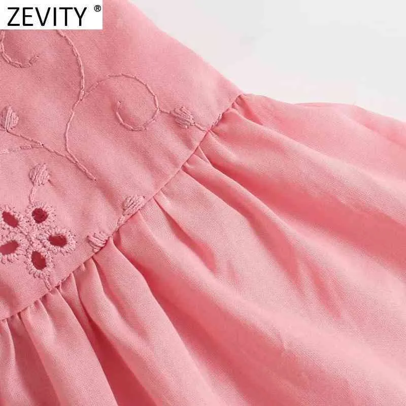 Vrouwen elegante holle borduurwerk zoom ruches casual roze jurk vrouwelijke vierkante kraag rechte vestido chique mini jurken DS8237 210420