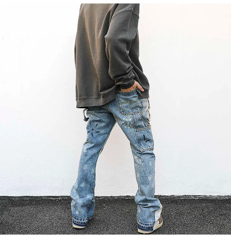 Afligido splash tinta flare jeans urbano rua streetwear remendo homens largo perna jeans hip hop hop hop lava pesado azul slim fit calças de denim homens c0607