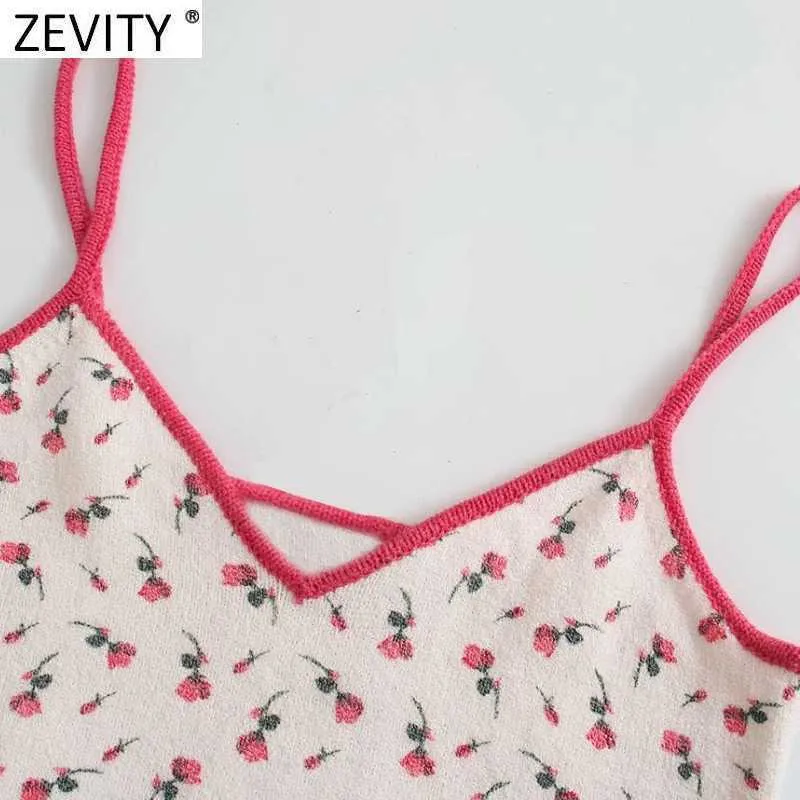 Zevity女性の甘い花のジャカードニットスパゲッティストラップシックキャミスタンクレディース夏のスリングショートスリムトップスSW720 210603