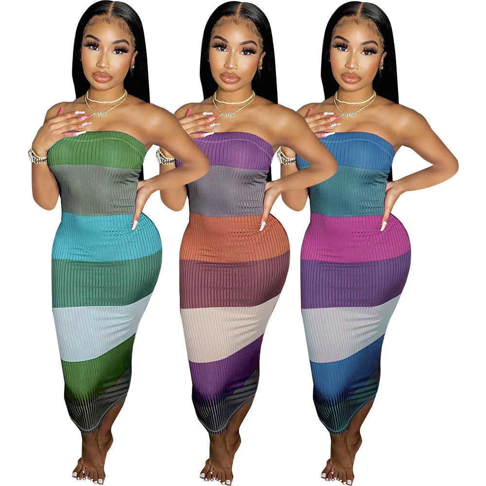 Contrast Color Striped Kintted Bodycon Kobiety Sukienki Lato Moda Odzieżowa Party Midi Elegancka Robe Hurtownie 210525