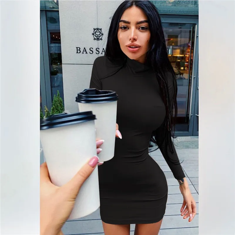 CNYISHE Sexy Bodycon Kleid Frauen Winter High Neck Langarm Mantel Kleider Schwarz Rot Party Bleistift Kleid Weibliche Vestidos 210419