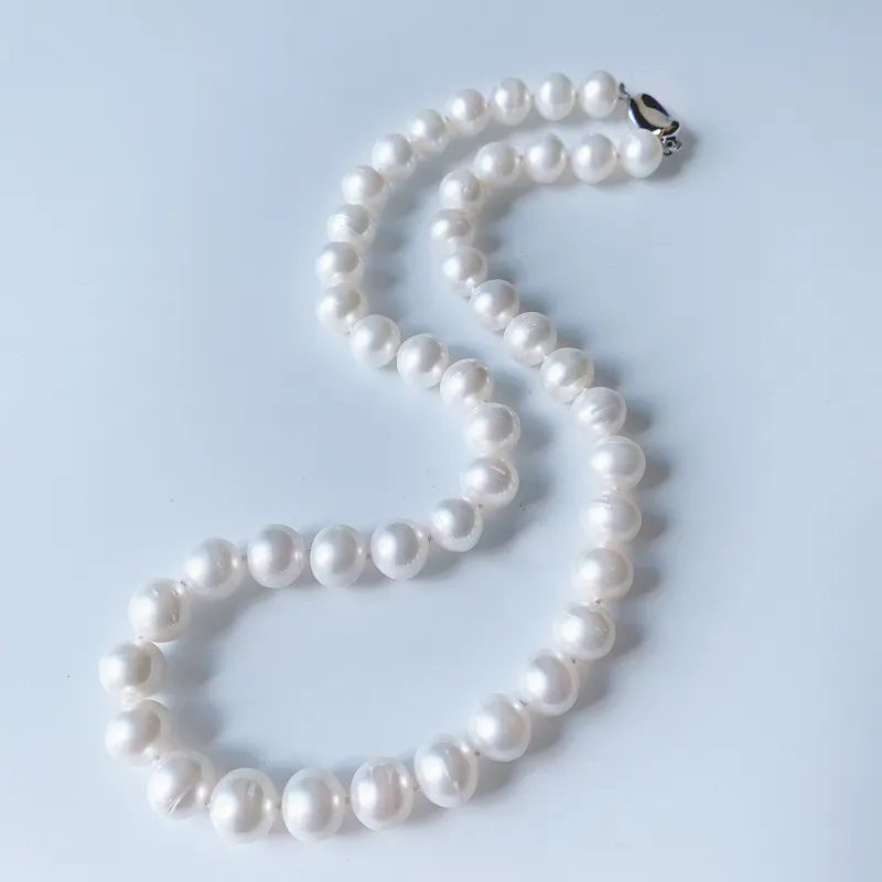 ホワイトネックレス10-11mm天然淡水真珠ジュエリー925スターリングシルバーチョーカー女性ファッションギフトのためのネックレス