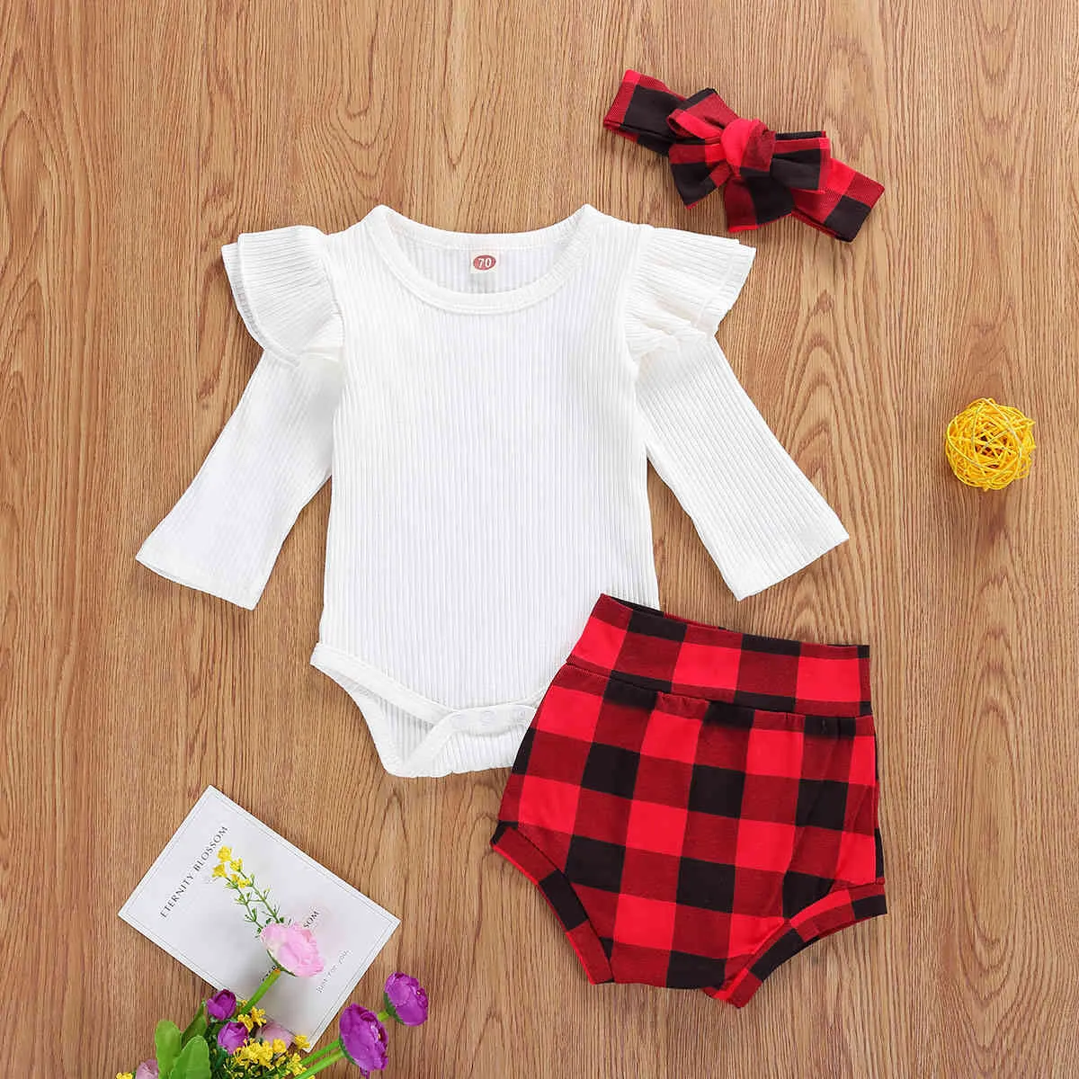 0-18M Christmas born Infant Baby Girls Red Clothes Set Autumn Knitted Romper Plaid Shorts Headband Xmas Outfits 210515