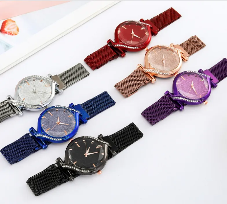 Звездный циферблат, простые темпераментные женские часы с бриллиантами, магнетическая пряжка, удобный сетчатый ремень, женские часы, модный дизайн, кварцевые Wris280O