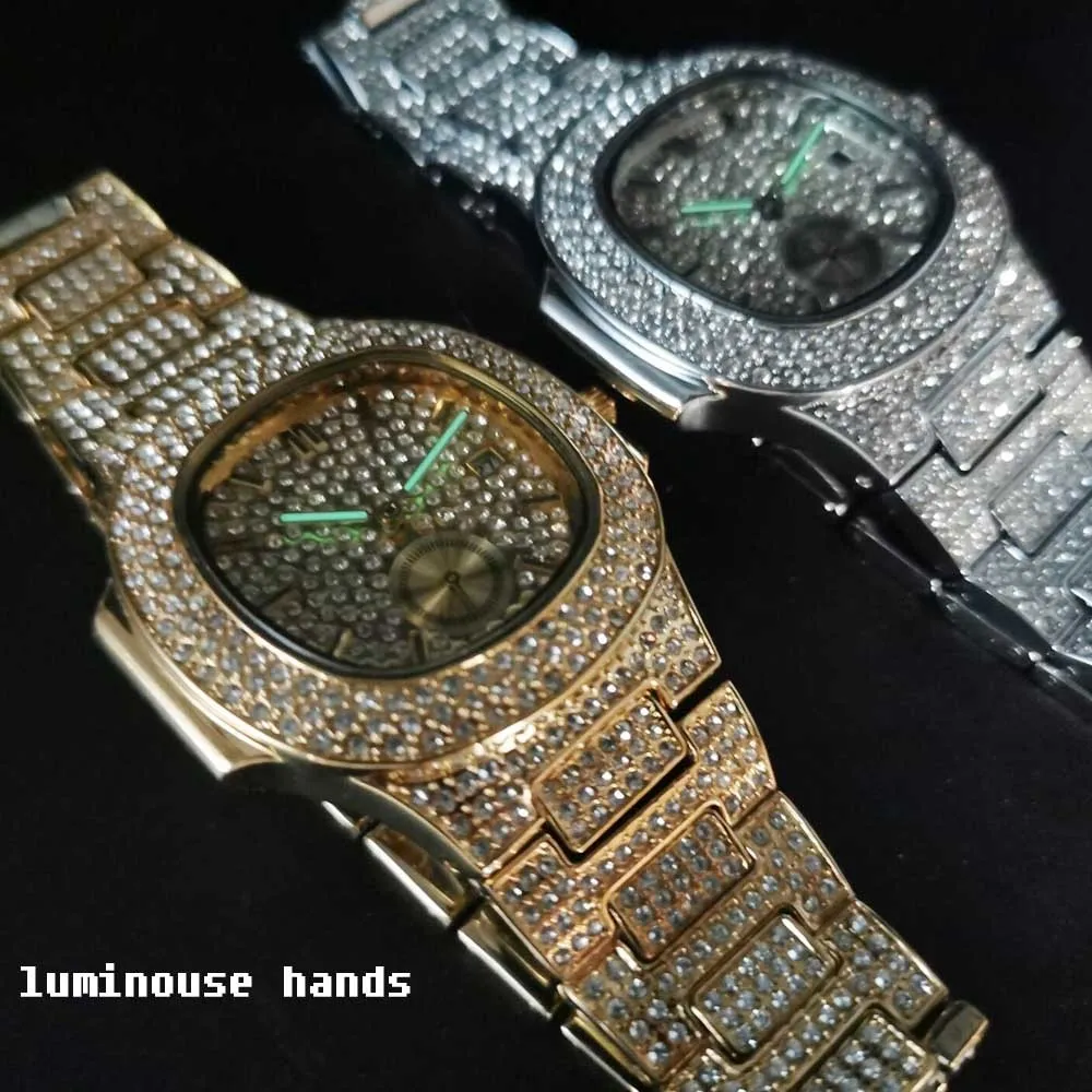 18K Gold Uhren für Männer Luxus Full Diamond Men's Uhren Mode Quarz Armbanduhren AAA CZ Hip Hop Hop Hop Out Männliche Uhr Reloj239t