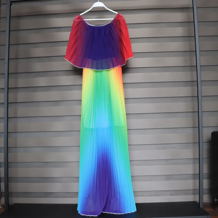 Kobiety Rainbow Color Off Ramię Sukienki Plisowane Maxi Party Evening Celebrated Vestidos Kobiet szaty Kolorowe Drukowane Suknie 210416