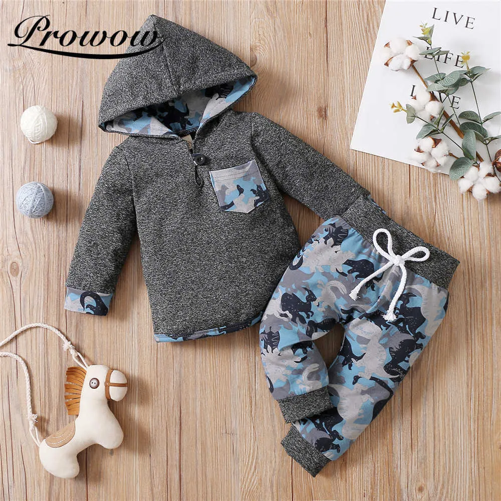 Prowow Patchwork Kids Boys Set di abbigliamento Cartoon Baby Dinosaur Clothes 2 pezzi Ragazzi Top con cappuccio + pantaloni Manica lunga Abiti bambini G1023