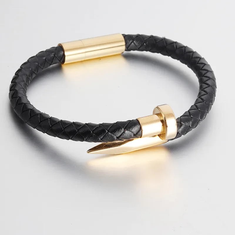 Regalo di gioielli con braccialetto in pelle intrecciato fatto a mano da uomo con magnete in acciaio inossidabile con corda unghie