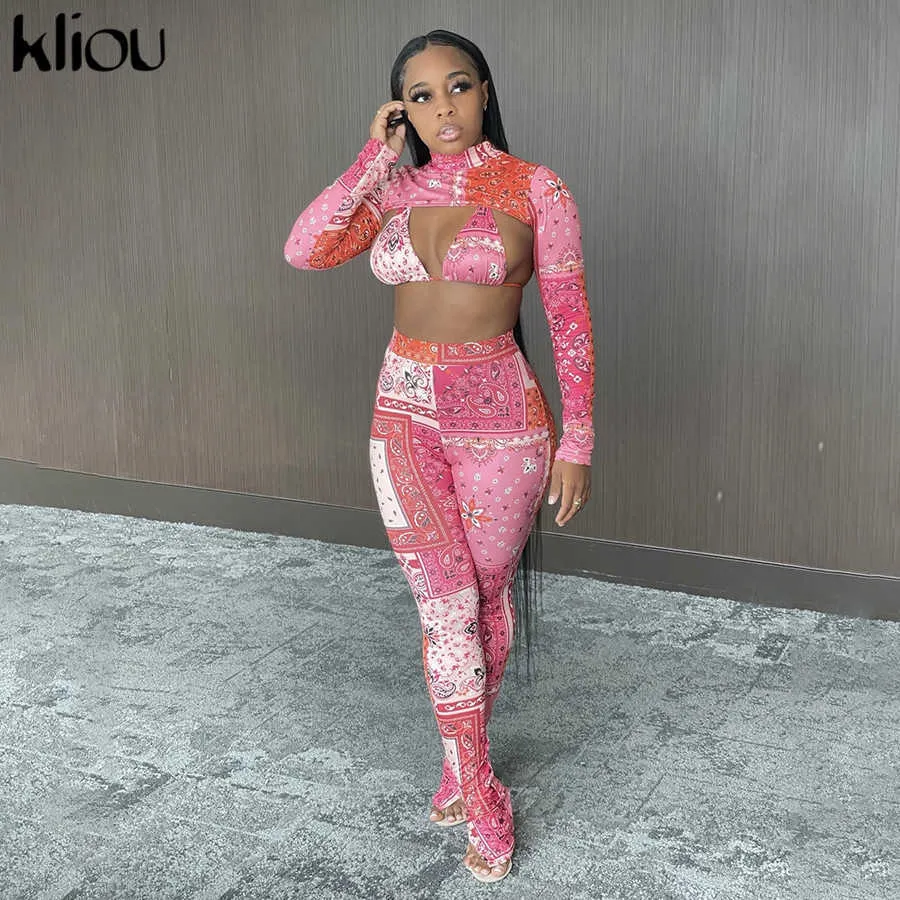 Kliou imprimé 3 pièces ensembles femmes Streetwear col roulé haut court + soutien-gorge Sexy + élastique taille haute côté fendu pantalon correspondant tenues 210819