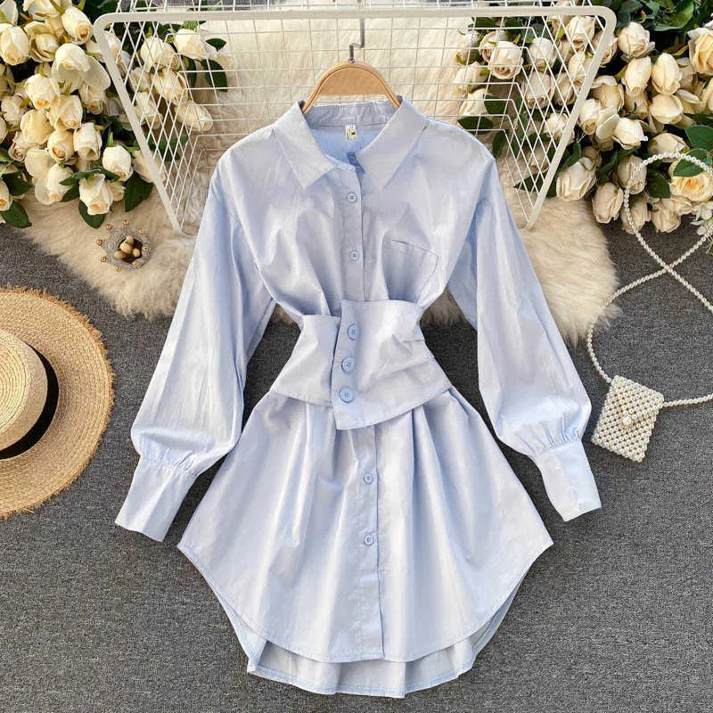 DEAT Women Girdle Vintage Shirt Dress Solid Color Long Sleeve Waist Two Piece Set Fashion Spring Summer 11B148 210709