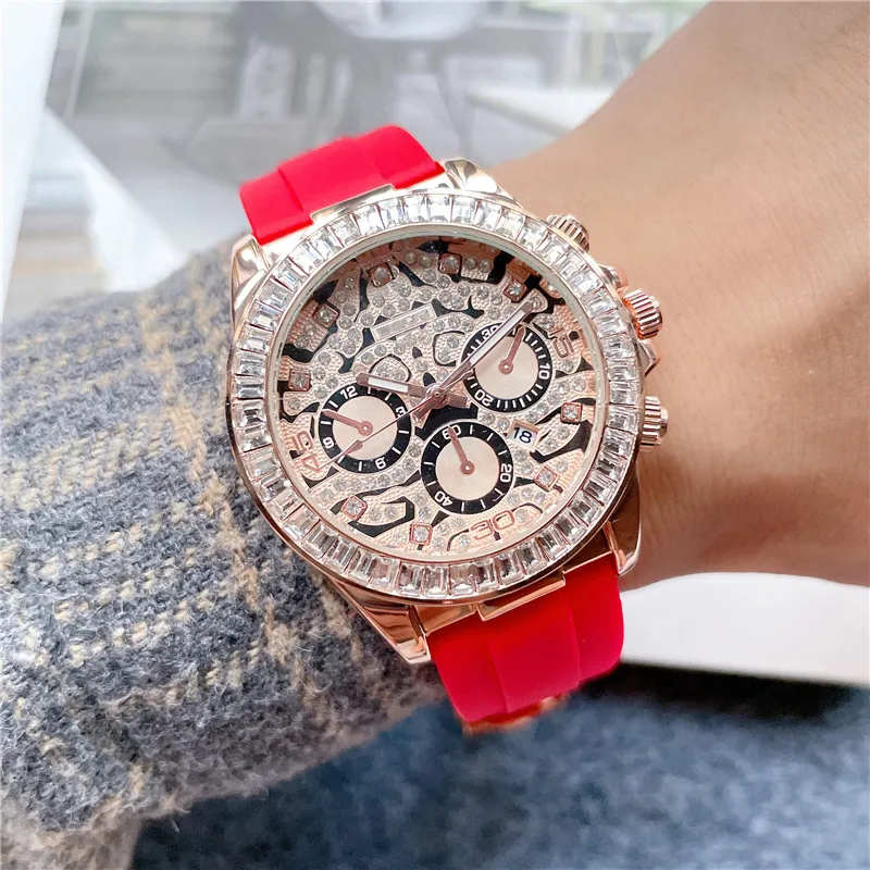 Brand Watches Men Women Leopard Crystal Diamond Style Rubber Strap Quartz Wrist Watch X184242s