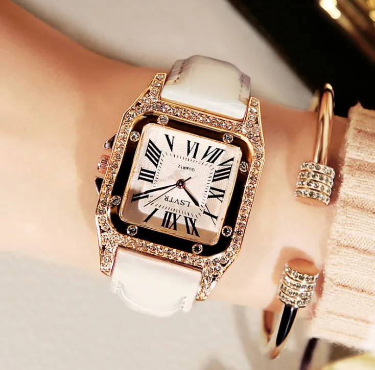 Relógio feminino vintage strass moda estudante relógios de quartzo cinto de couro real quadrado diamante inserção das mulheres relógios de pulso285e
