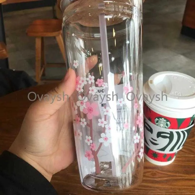 Starbucks Sakura Holzbecher im japanischen Stil bedecken Glas Strohbecher 591ML Kirschblüte Doppelschichtiger KaffeeY80YY80Y235C