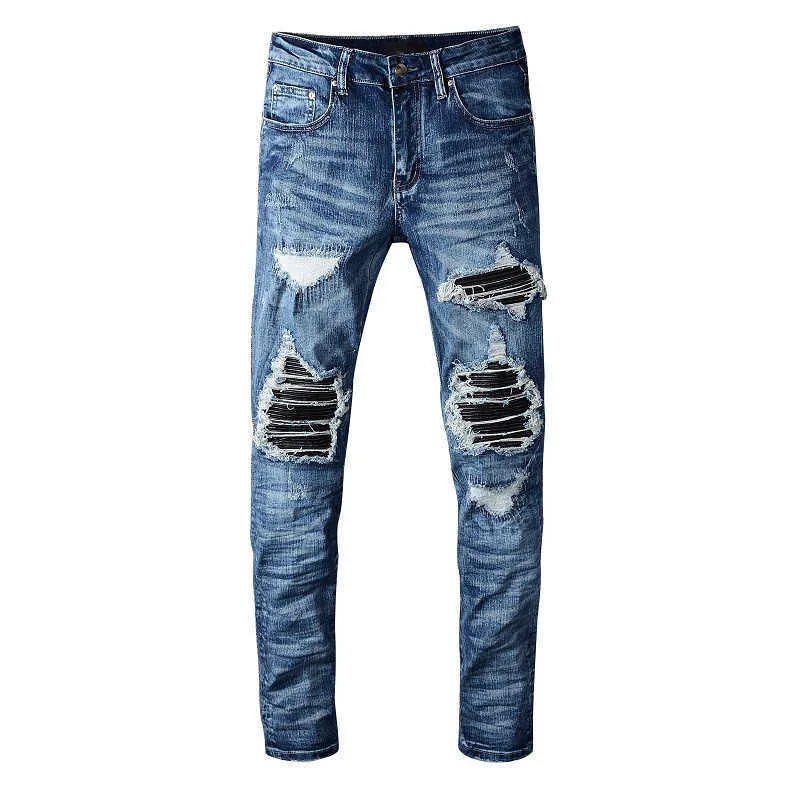Jeans masculinos high street marca marca joelho buraco preto couro patch azul slim pequeno pé elástico jeans