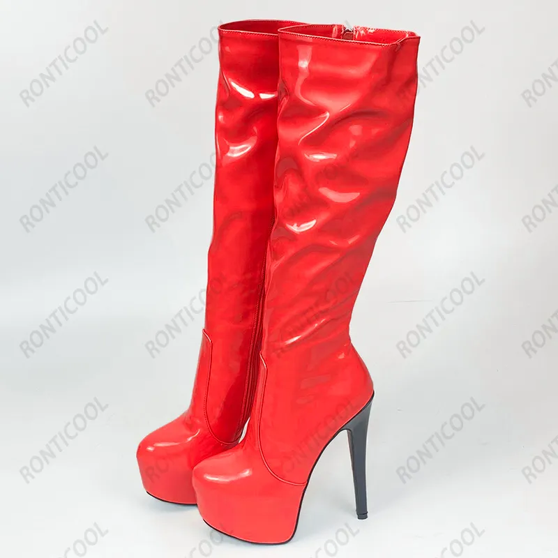 Rontic handgemachte Damen Plateau-Kniestiefel, sexy Stiletto-Absätze, runde Zehen, Charm, Aprikose, Rosa, Rot, Party-Schuhe, Übergröße, US-Größe 5–20