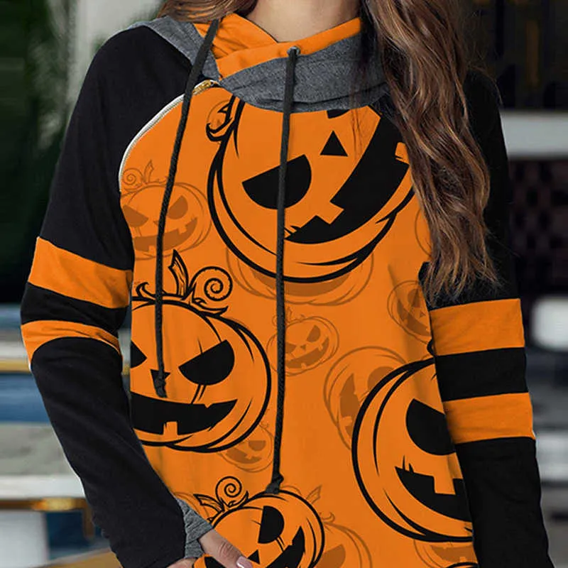 Halloween Hoodies Kvinnor Ytterkläder Höst Vinter Långärmad Pumpa Tryck Färg Kontrast Patchwork Hood Sweatshirt 210526