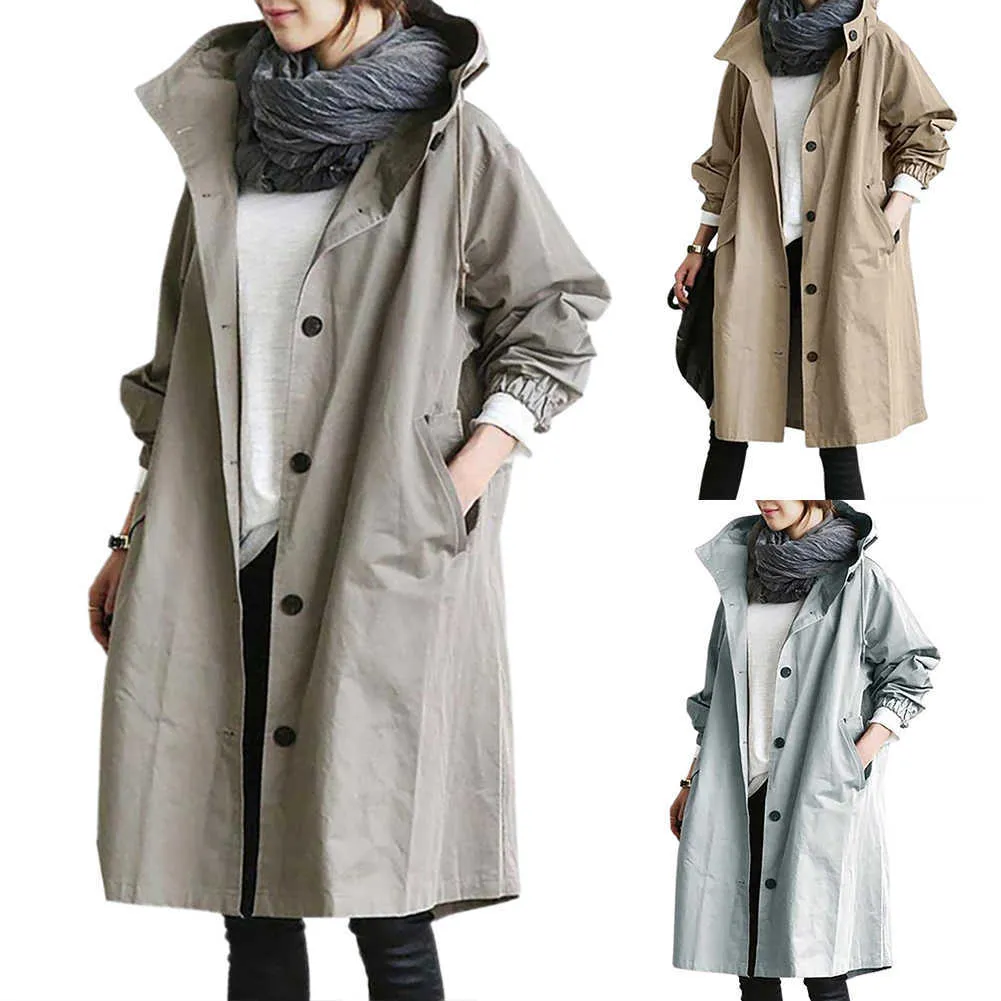 Women Autumn Solid Color Pocket Hooded Windbreaker Long Trench Coat Outerwear Women's Clothing Femme Veste 211021