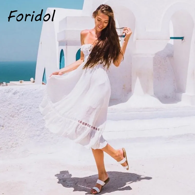 Foridol Frühling Sommer Frauen Strand Kleid Elegante Weg Von Der Schulter Maxi Kleid Spitze Up Weiß Midi Kleid Lange Vestidos De mujer 210415