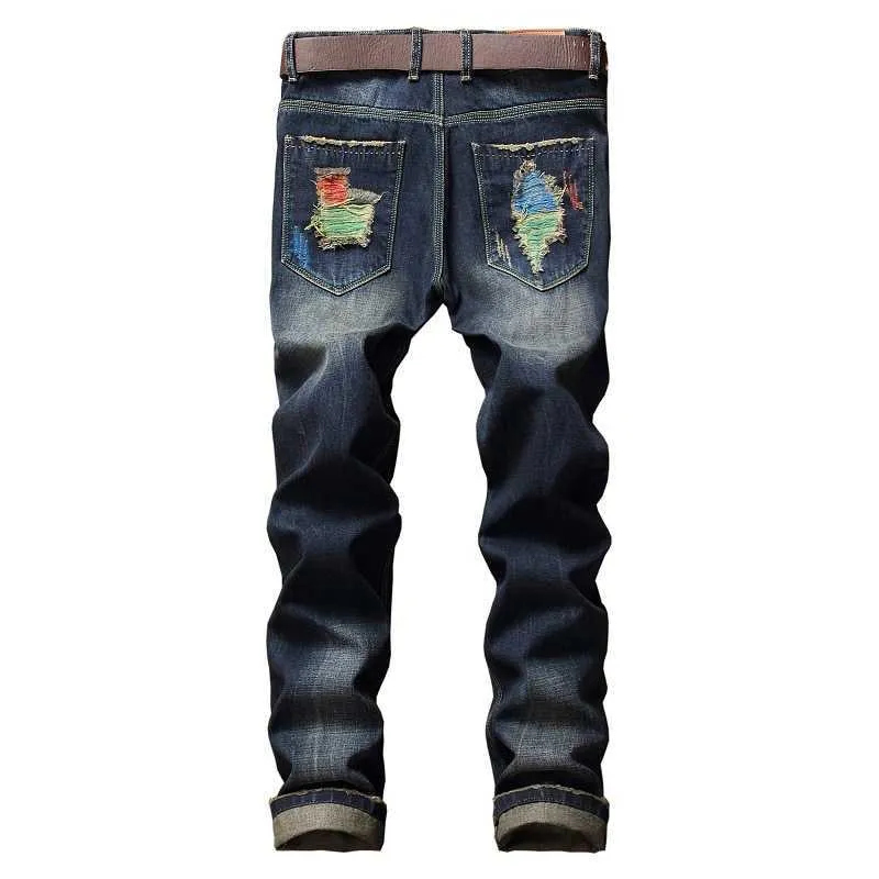 High-quality brand jeans distressed denim trousers youth ripped hip hop men's street ripped straight long jeans X0621