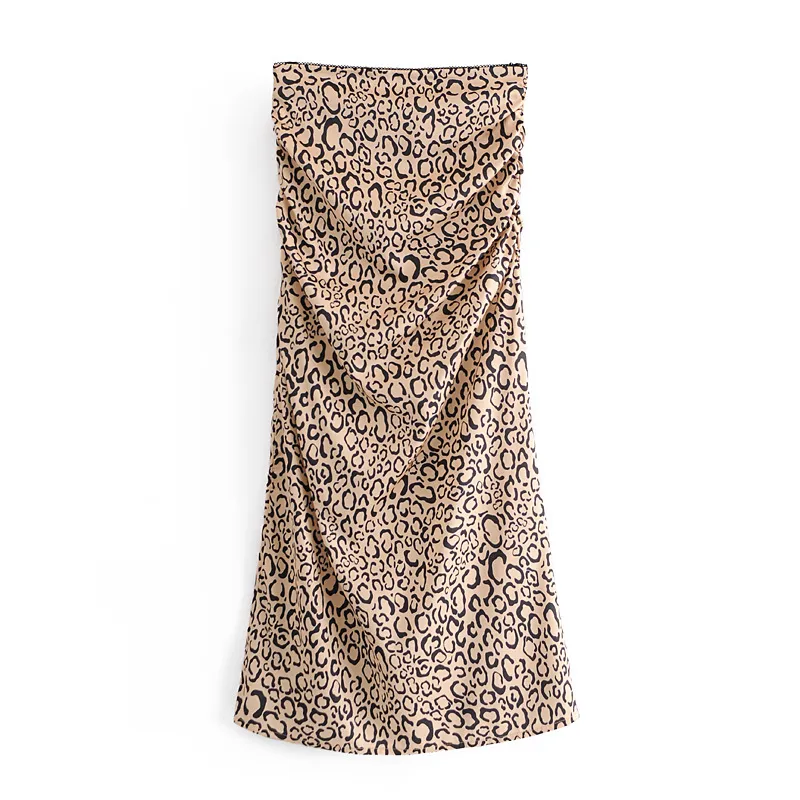 Vintage Animal Leopard Print Underwire Bra Crop Top Sexy Women Khaki Ruched Front Hem Slit Midi Skirt Tank Tops Set 210429