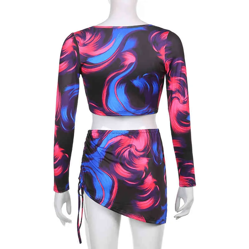 Tie Dye Printed Women's Summer Pak Lange Mouw Y2K Crop Top en High-Taille Trekkoord Mini Rok Tracksuit 2 Stuks Set Outfits 210510