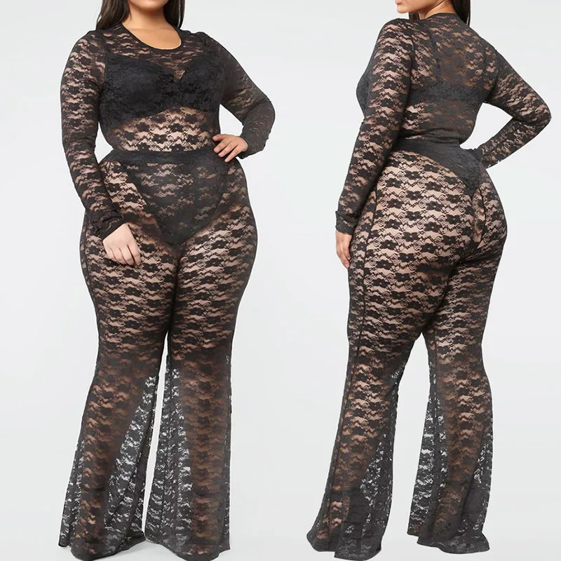 Mesh See-through Printed Set O-neck Long Sleeve Bodysuit Tops + Bandage Flared Pants Skinny Outfits Suits Party Club Wear 210517