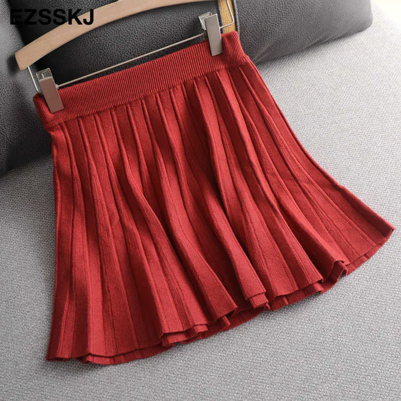 Jesień Zima Krótka plisowana spódnica Kobiety Mini Sweter A-Line Sun High-Waist 210629
