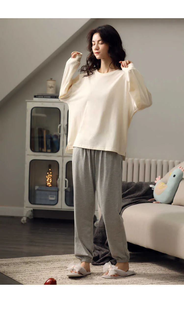 Hem Wear Långärmad Höst Vinter Pajamas Set Solid 100% Bomull Sleepwear Lounge Inomhuskläder Plus Storlek 210809