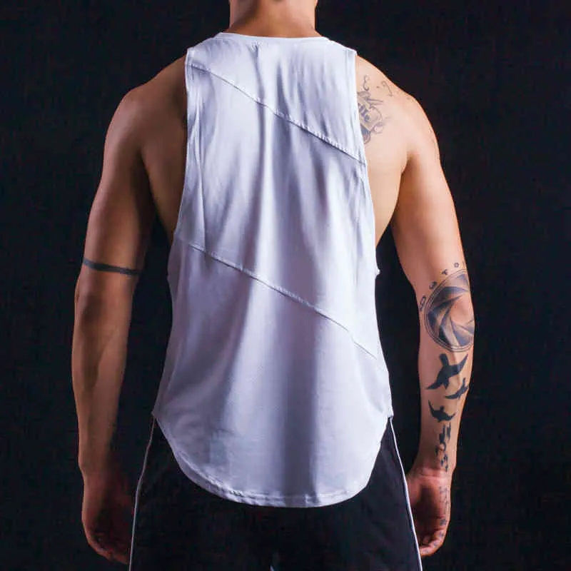 Muscleguys Brand Bodybuilding Camicie senza maniche Mens Fitness Stringer Canotte Sportwear Vest Cotton + Mesh Palestre Abbigliamento 210421