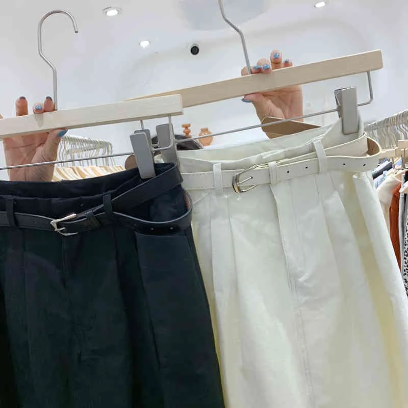 Enkla fickor Design Svart kjol Kvinnor Koreanska Mode Vår Straight Faldas Mujer Slim Mid Length White Jupe Ladies 210514
