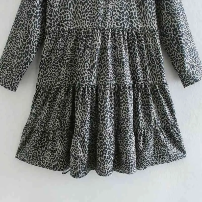 Primavera Donna Leopard Print Tiered Ruffle Mini Dress Donna Nove quarti Abiti manica Casual Lady Loose Vestido D7091 210430