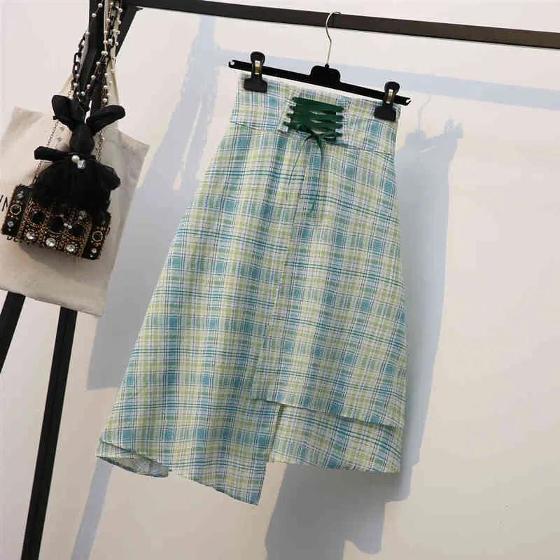 Korean Style Summer Women's Short Sleeves Cotton T-shirt + Plaid Skirts sets Female Fashion Suits Outfit L-4XL 210428