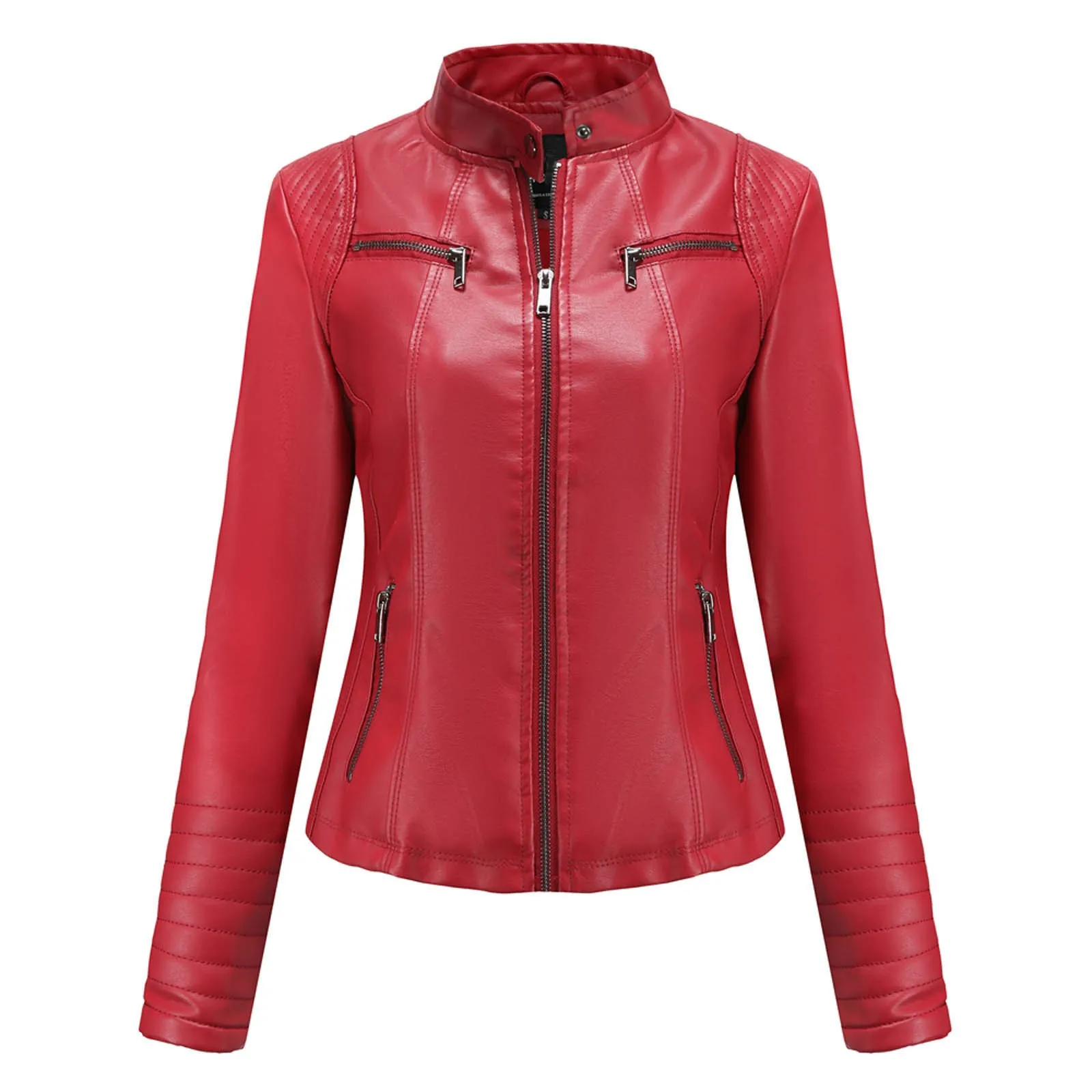 Mode Frauen Solide Farben Slim-Fit Langarm Leder Stehkragen Zipper Motorrad Anzug Dünne Mantel Jacke Oberbekleidung # g3