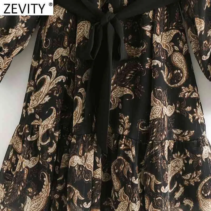 Kobiety Vintage Neckew Nut Totem Floral Print Sashes Mini Dress Femme Golden Line Vestido Breasted Shirt Sukienki DS4853 210420