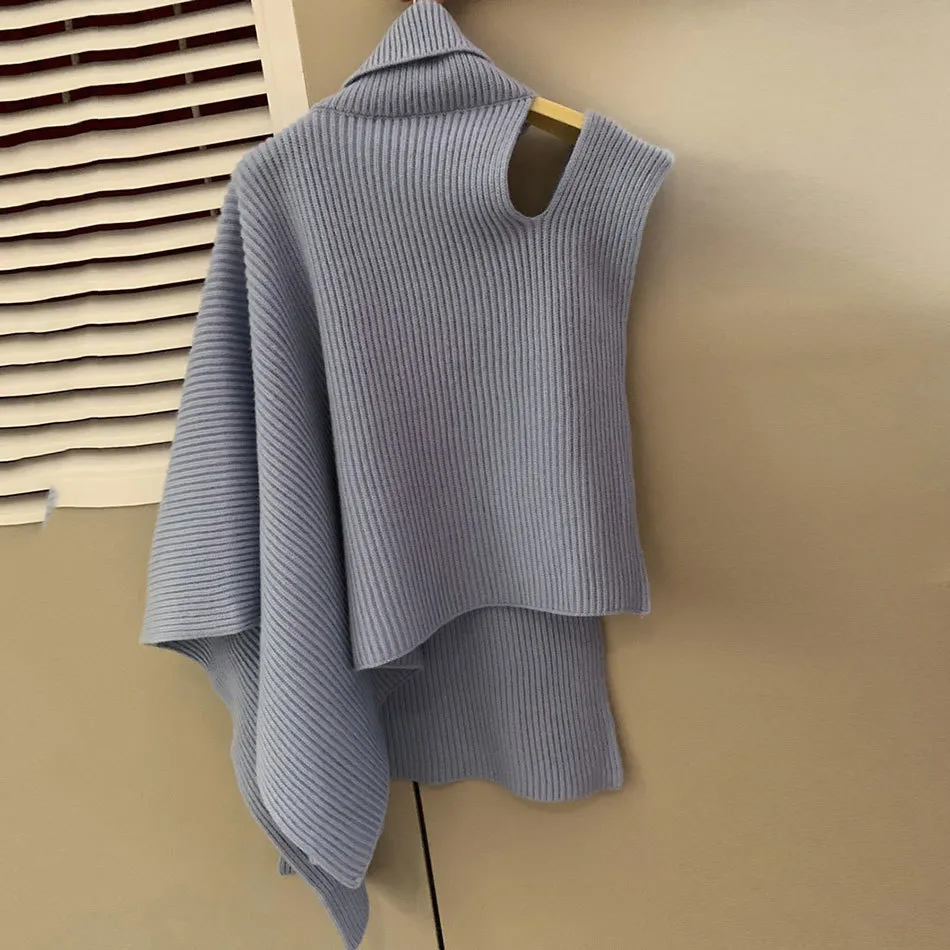 Gratis Chic Turtleneck Stickad sweater Top Kvinnors Fashion Oregelbundet Lös En Axel Batwing Sleeve 210524