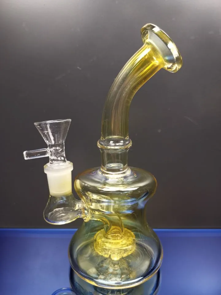 Yellow glass bongs oil burner water bong percolator bongs with bowl recycle oil rigs hookah with 14.4mm joint zeusartshop