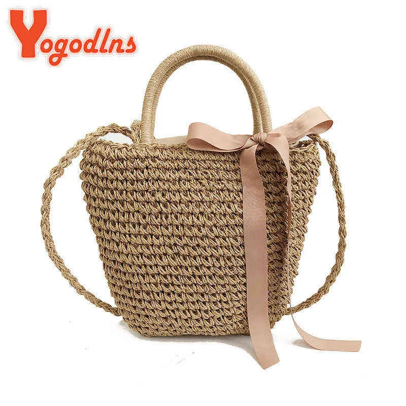 Sacos de compras YoGodlns nova chega fitas de palha artesanais Bowknot Beach Beach Bolsas Bolsas Tote Saco de ombro 220301