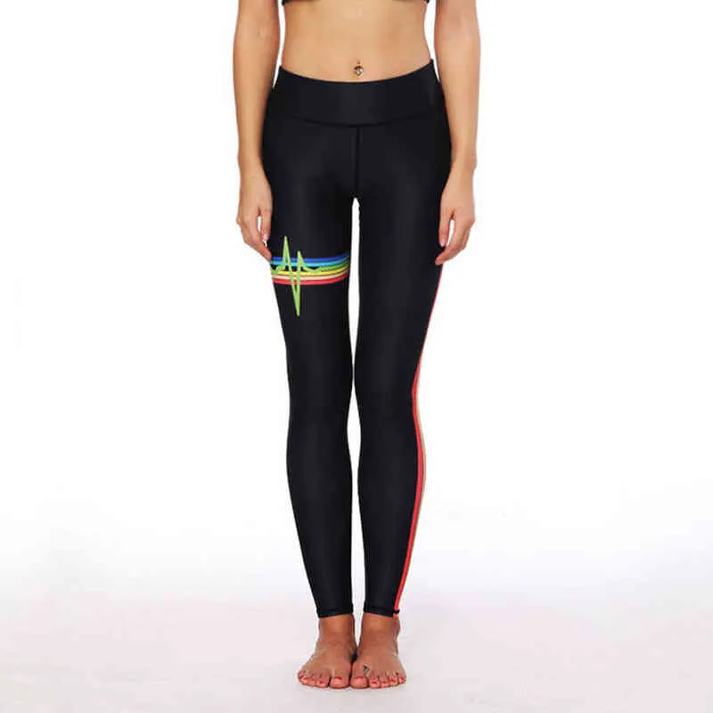 Rainbow Striped Polyester Leggings Casual Black Sporting Elastic Force Andas för kvinnor 211221