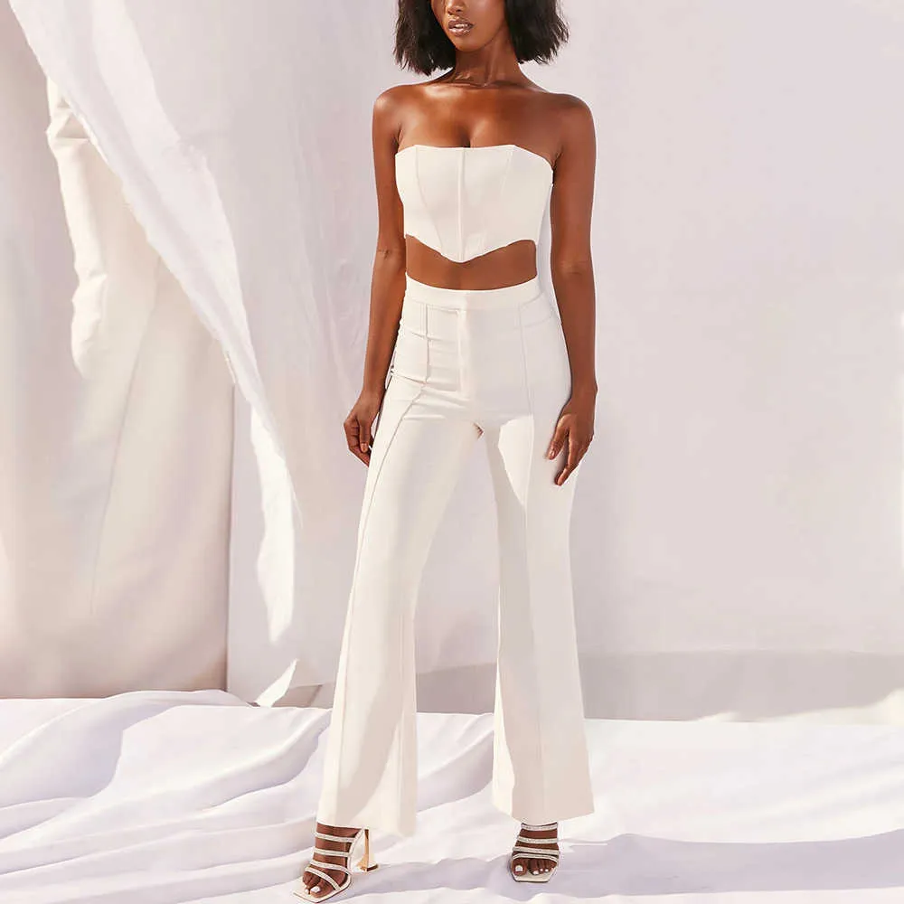 Ensemble de 2 pièces blanches élégantes pour femmes, haut court sans manches et pantalon long évasé, deux ensembles Sexy Lady Skinny Outfits 210603