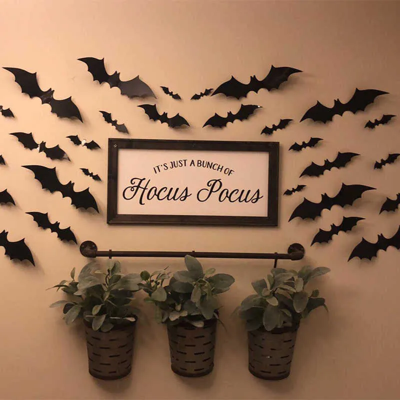 Decoração de Halloween 3D Bat PVC Removable Adesivos para Casa Festa Kids Room Decalques de Parede de Vida Suprimentos Y0730