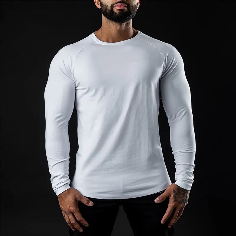 Fitness Solid Workout Tee Top Gym Uomo Cotone traspirante Sport T-shirt manica lunga Primavera Fashion Brand O-Collo Slim Fit Tshirt 210421