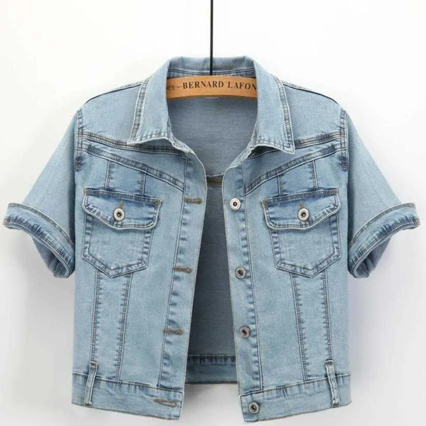 Sommer-Jeans-Cardigan-Jacke mit kurzen Ärmeln für Damen, Umlegekragen, kurzer, schlanker Jeans-Mantel 211014