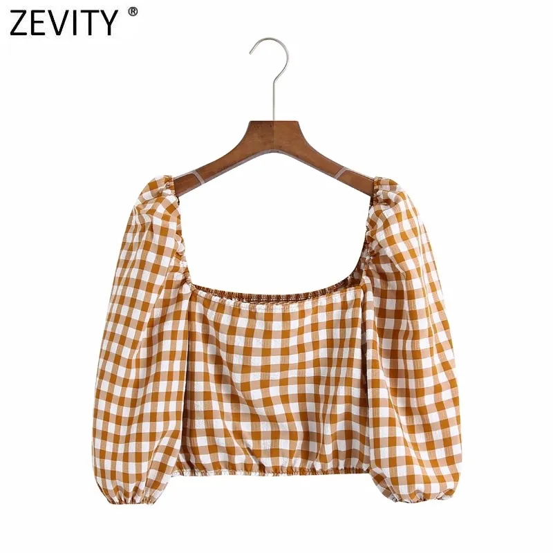 French Women Vintage Square Collar Plaid Print Short Smock Blouse Female Puff Sleeve Slim Shirt Chic Blusas Tops LS9159 210420