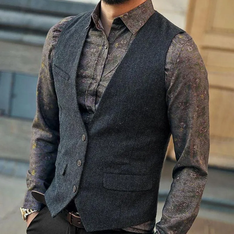 Solid Tweed Mens Kamizelka Kamizelka Szczupła Herringbone Casual Kamizelka Mężczyźni Formalne Kamizelki Biznesowe Groommana Dla Weddżetu Dżentelmenu Męski Płaszcz 210524