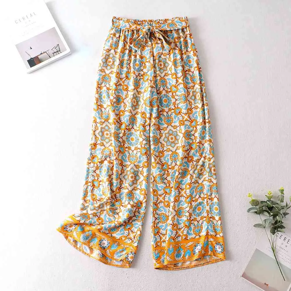 Bohemian Paisley Flower Print Wide Pen Broek Hippie Vrouw Vakantie Elastische Taille Boog Volledige Lengte Broek Femme Casual 210429