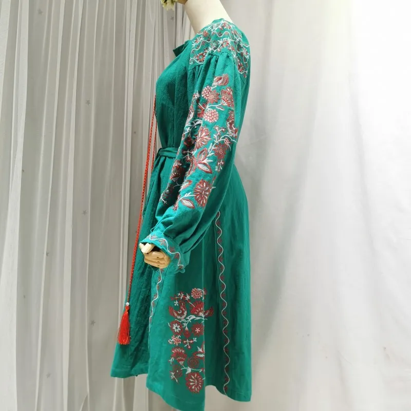 Jastie Fall Women Long Sleeve Midi Tunic Dress Retro Floral Embroidery Dresses Vestido Boho Holiday Casual Beach Dress Robe 210419