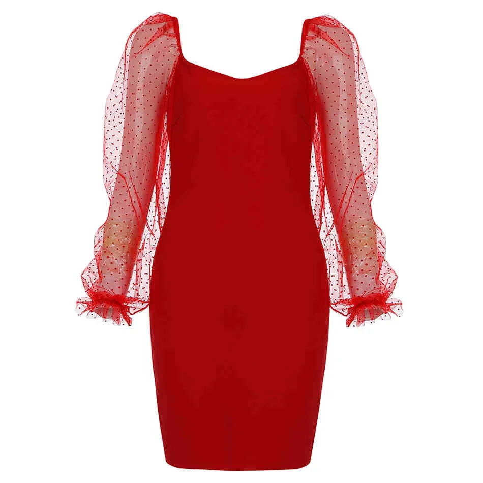 Darmowe kobiety Lato Red Bandaż Suknia Seksowna Polka Dot Lace Lampion Long Sleeve Bodycon Mini Club Party Vestidos 210524