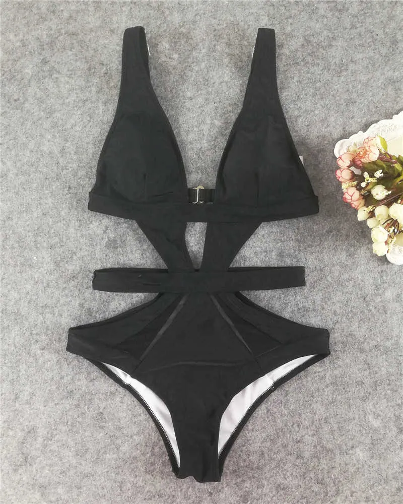 Maillot de bain noir Sexy maille maillots de bain femmes découpé maillot de bain plongeant V Monokini blanc rose natation Costumes Trikini 210712