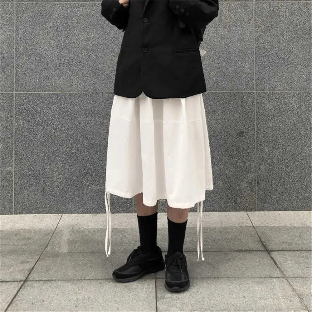 Jupe plissée mi-longue femme blanche coréenne taille haute mi-longue jupe A-ligne taille élastique cordon parapluie jupe longue 210619